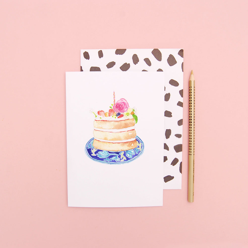 Birthday Cake on a patterned blue plate Greeting Card