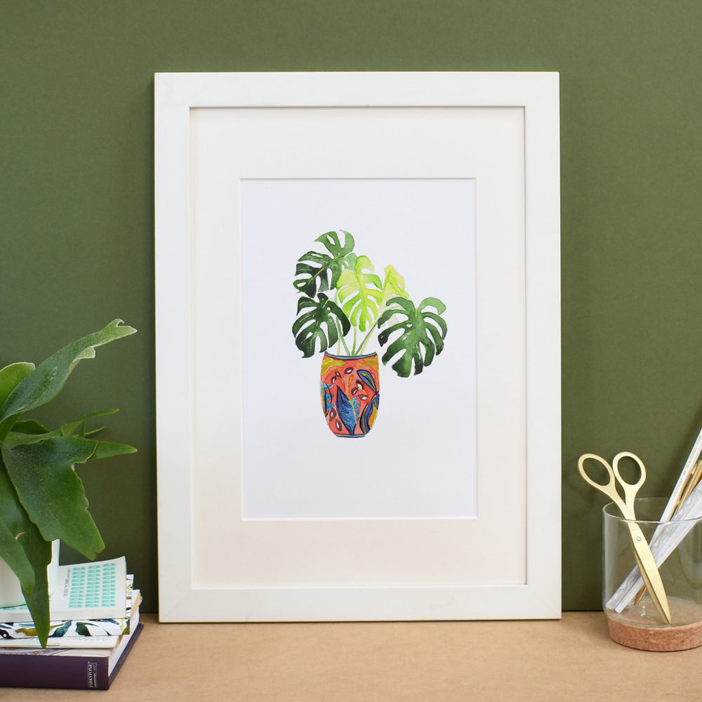 Monstera in red patterned plant pot Art Print