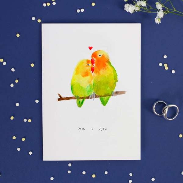 "Mr & Mrs" Love Birds Greetings Card